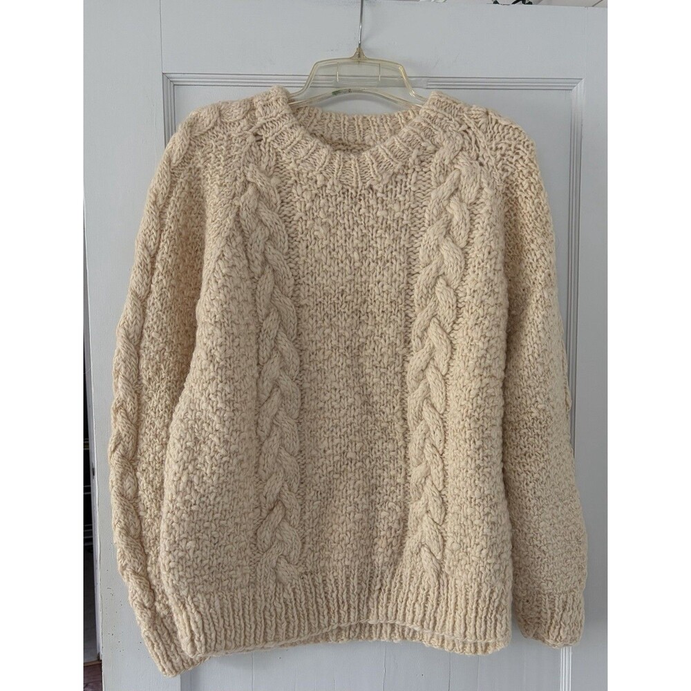 Vintage Rey Wear 100% Wool Cream Chunky Cable Knit Aran Fisherman Sweater XL